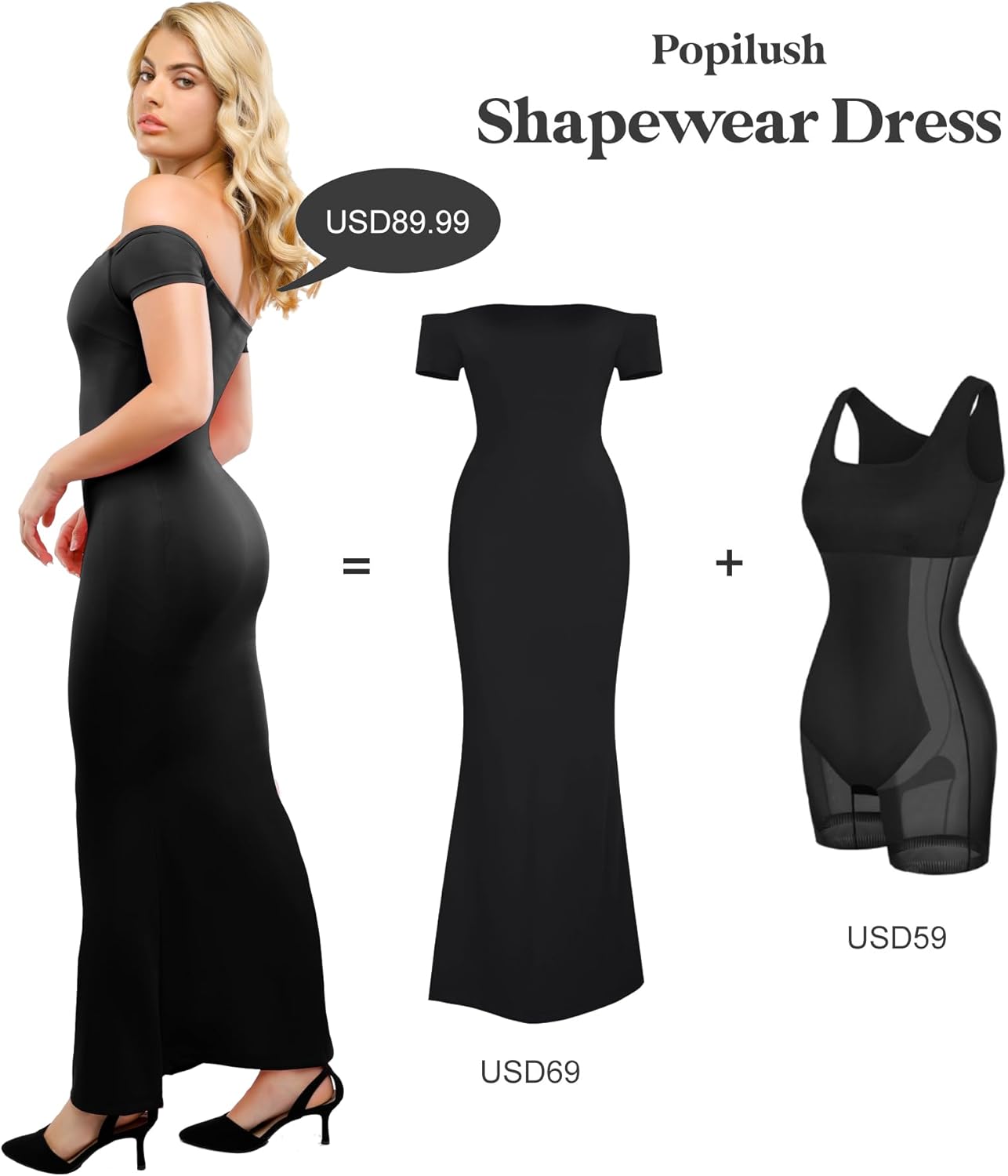 Popilush Shapewear Dress Off Shoulder Formal Dresses for Women Short Sleeve Bodycon Maxi Dress Built in Bra - Image 2