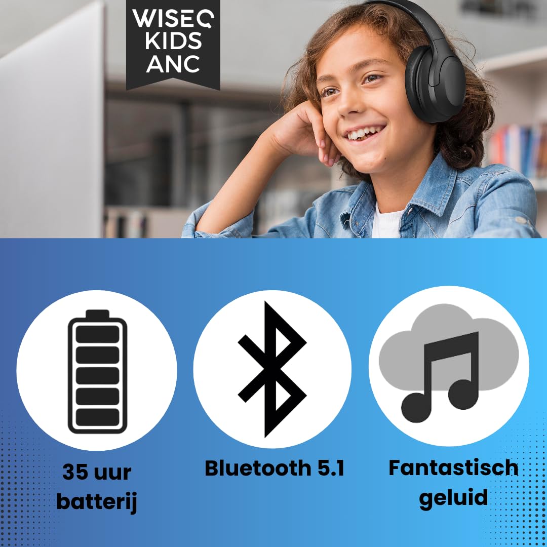 Auriculares irrompibles para niños con cancelación de ruido activa 35h de batería – Bluetooth – Inalámbrico – Auriculares Niño – Sobre la oreja - Negro