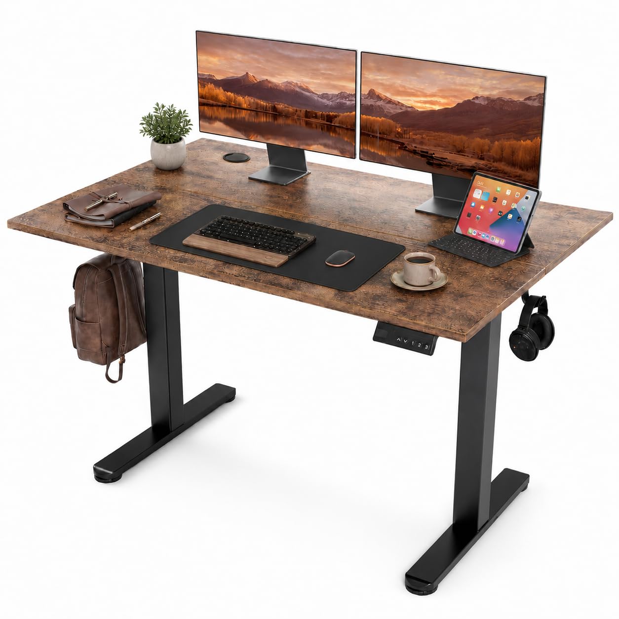 Claiks Electric Standing Desk 120x60cm Height Adjustable Desk with 3 Memory Presets & Sit Stand Reminder, Quiet Home Office Computer Desk with LED Display, Cable Holes & Hooks, Rustic Brown