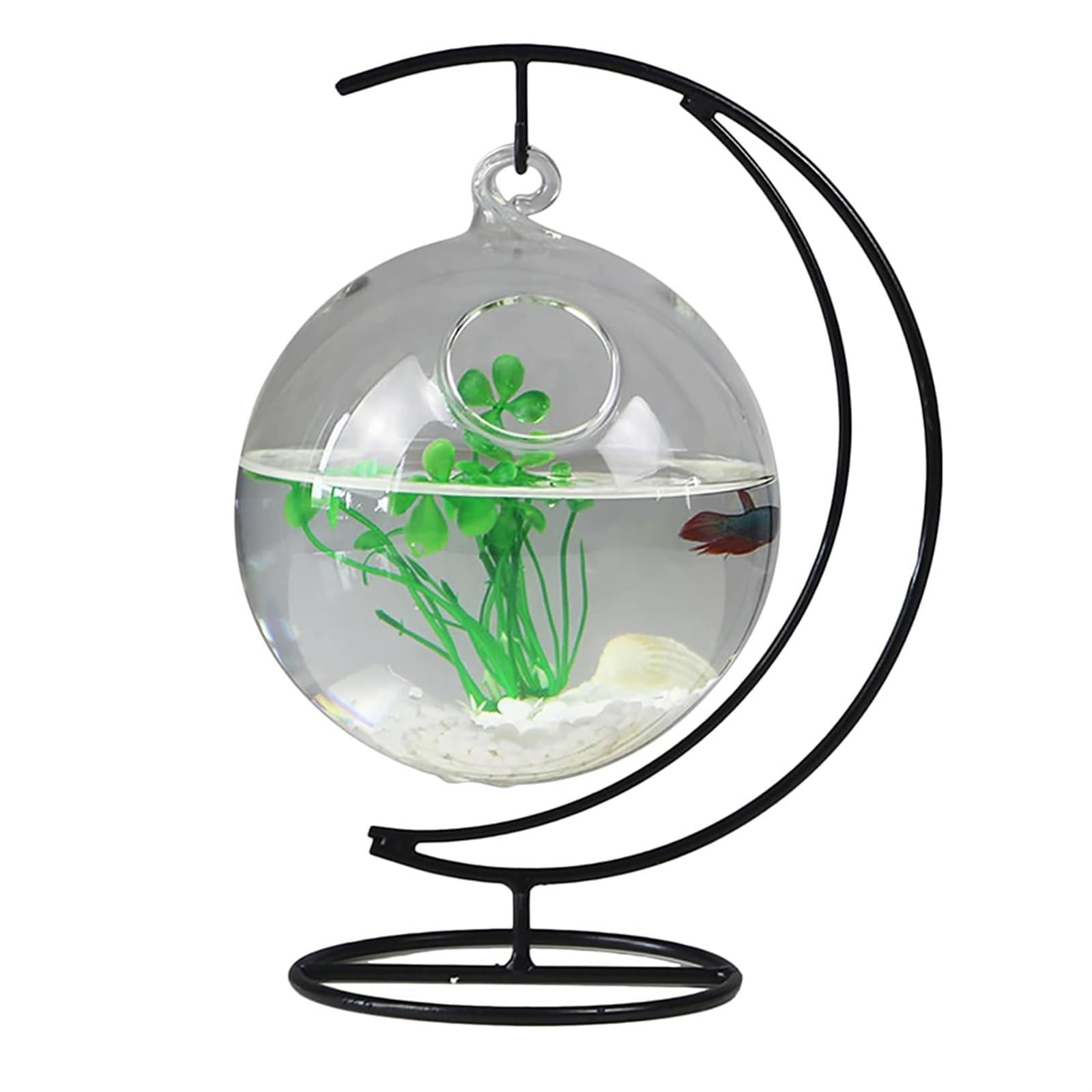 THE WHITE SHOP Fish Tank, Desktop Hanging Glass Fish Tank Mini Table Aquarium Glass Betta Fish Bowl Clear Fish Cylinder Bowl with Iron Stand for Office Home Decor(A)