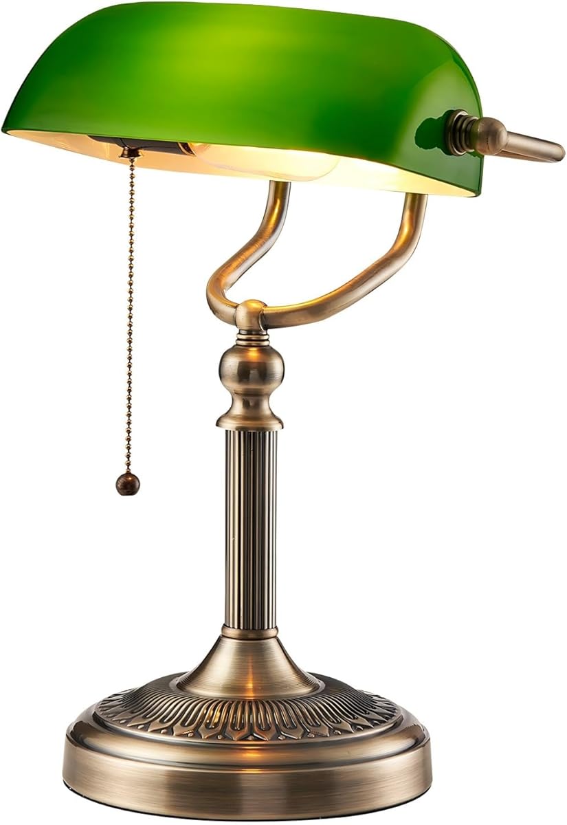 Newrays Green Glass Bankers Desk Lamp with Pull Chain Switch Plug in Fixture