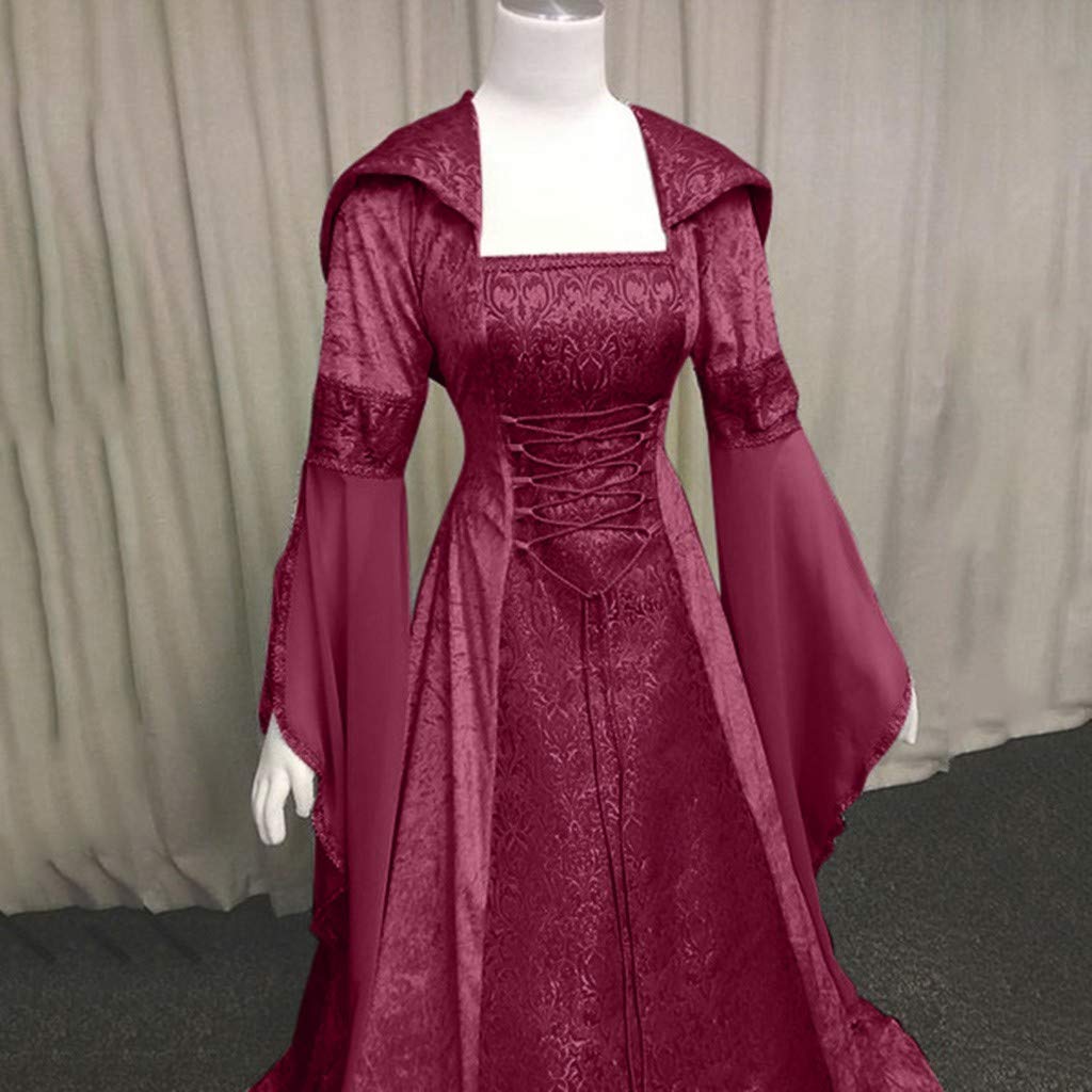 Mittelalter Kleid Damen mit Kapuze - Gothic Kleidung Kleider Halloween Kostüm Renaissance Viktorianischen Palast Vintage Prinzessin Lange Mittelalterkleid für Frauen Karneval Cosplay Rave