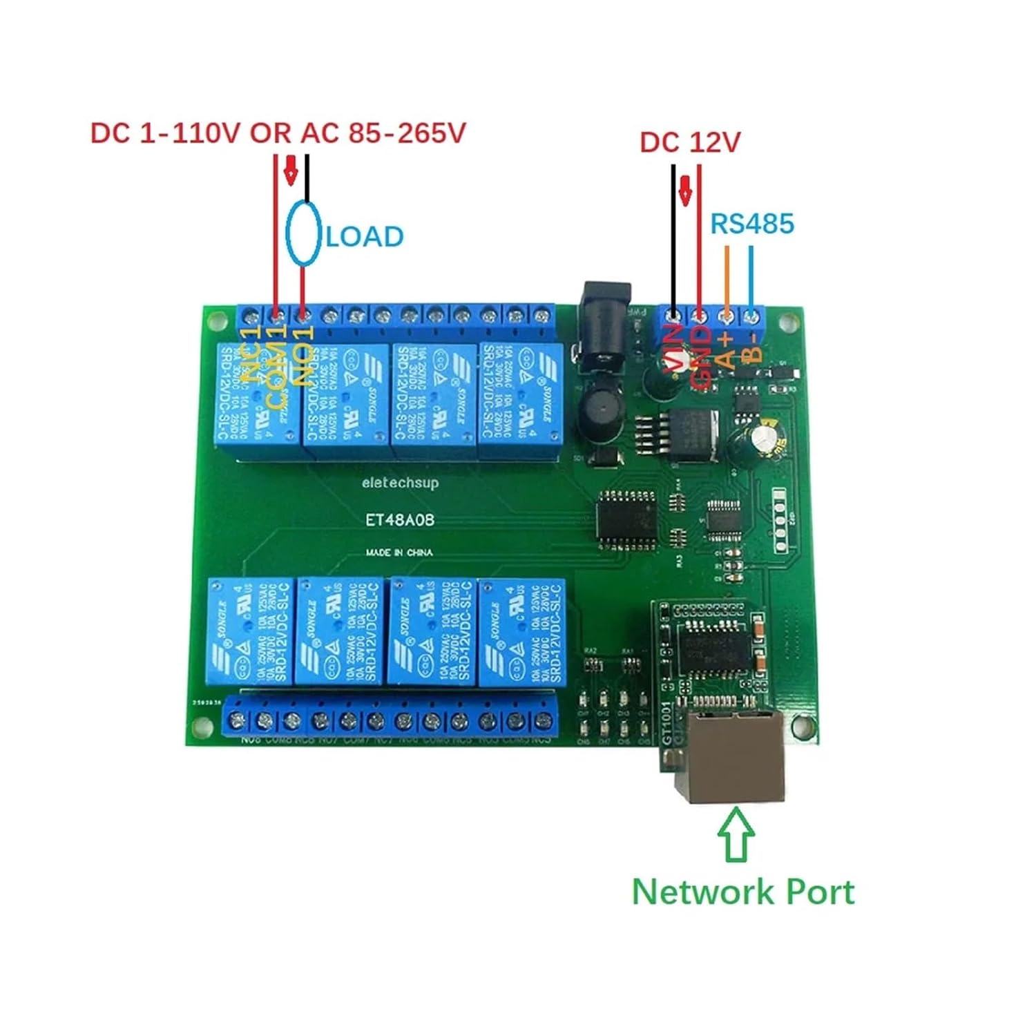 ET48A08 8Ch Ethernet/RS485 Relay Module Modbus Slave Switch Board 2 in 1 - DC 12V Control Network UART TCP/IP(Only RS485)