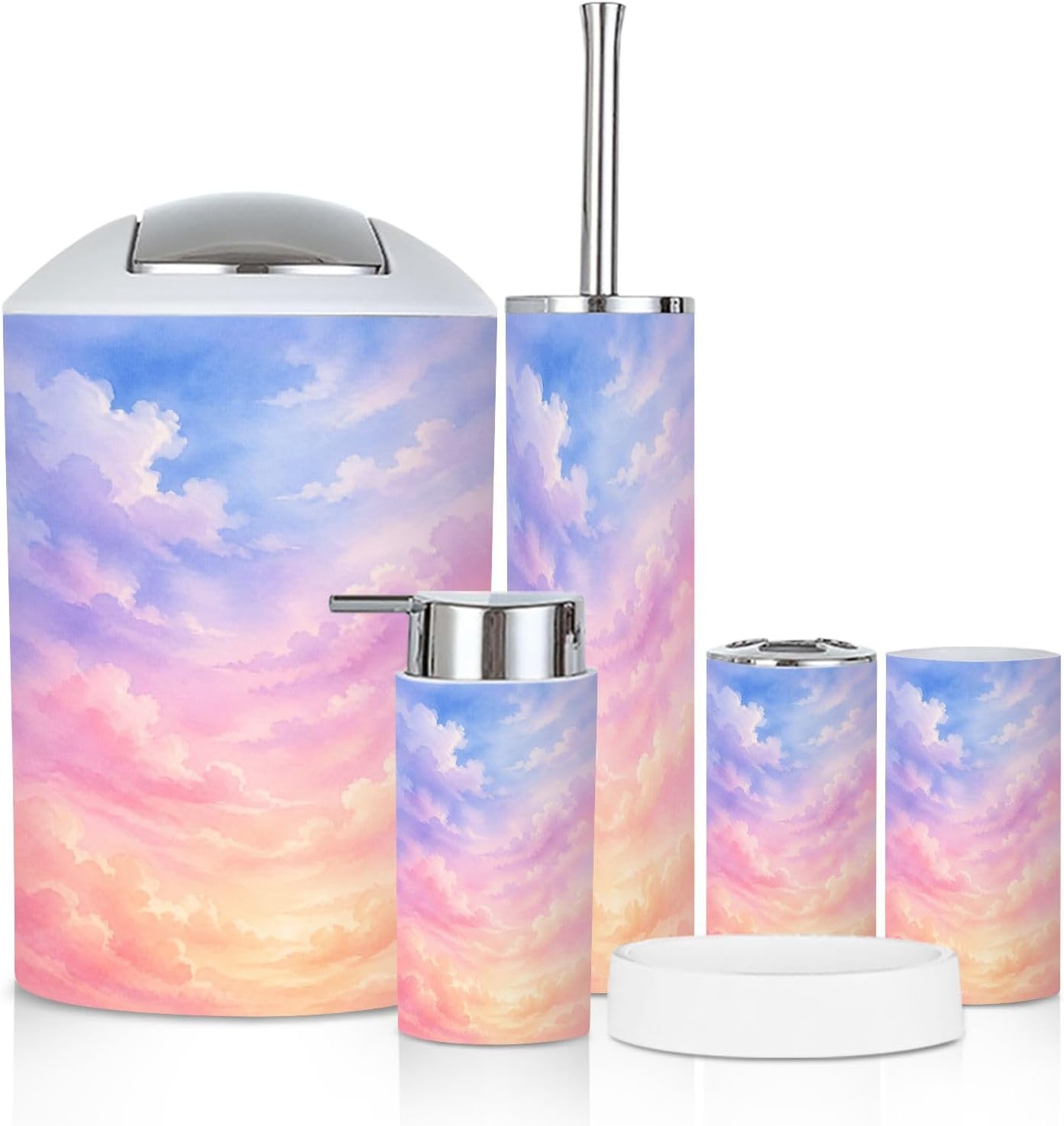 Bathroom Accessory Set 6PCS Rainbow Clouds Trash Can, Soap Dispenser, Toothbrush Holder, Toothbrush Cup, Toilet Brush Holder, Soap Dish for Gift