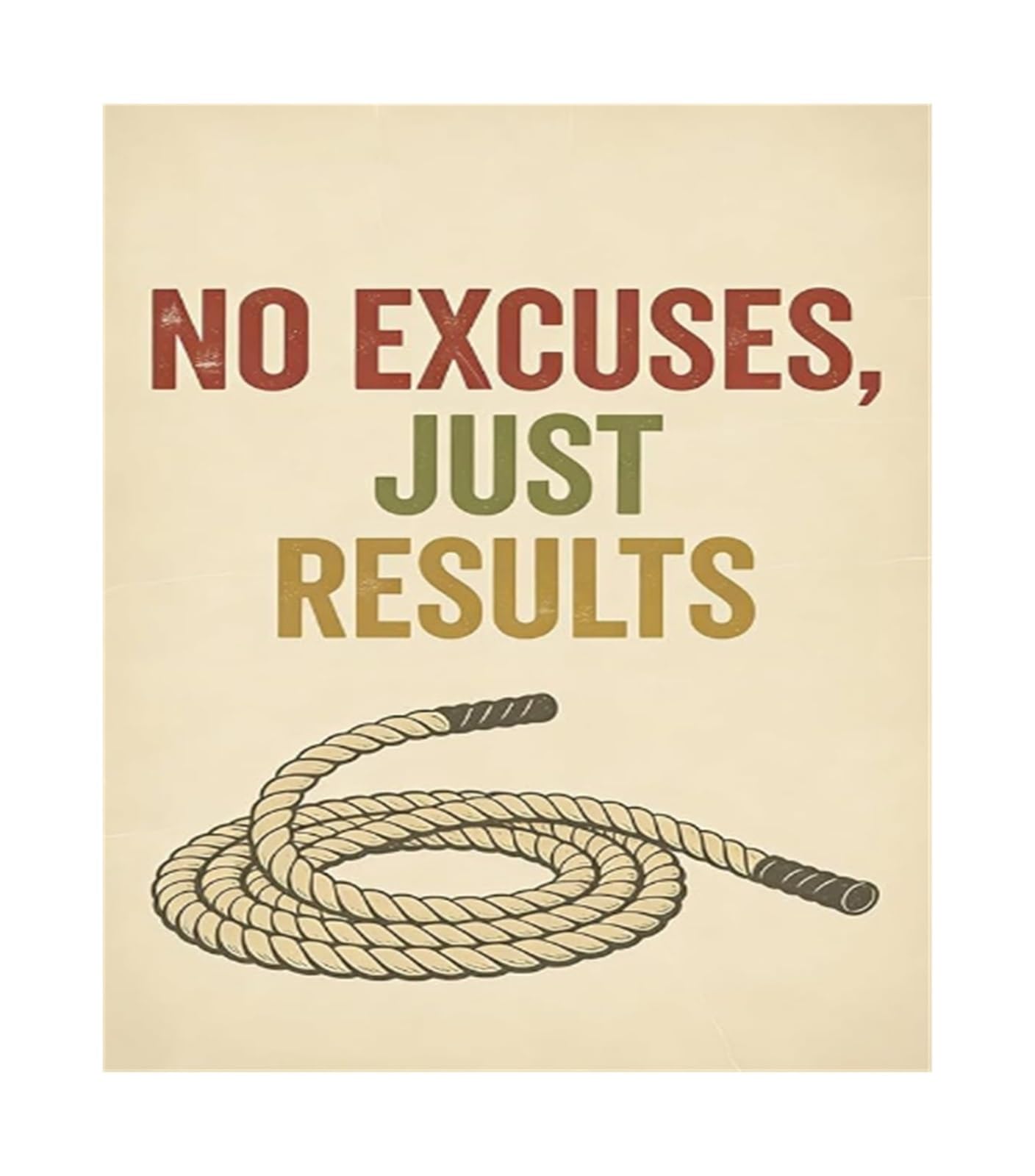 EKFBQBGW Retro Fitness Wall-Art No Excuses Just Results Motivational Poster Vintage Battle Rope Illustration Print for Gym Room Decor(Framed,12X18inch(30X45cm))