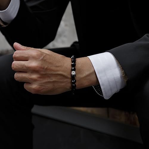 Miniatura 3 de AWNL Pulsera de cuentas para hombre con dije de runas grabadas de plata de ley de 0394in ojo de tigre de obsidiana regalo de piedras preciosas