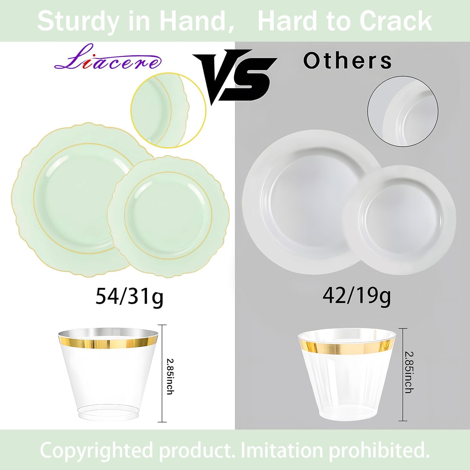 Liacere 350PCS Light Green Plates - Disposable Green and Gold Plastic Plates 50guest Baroque Dinnerware include 100Plates,50Pack Pre Rolled Napkins with Silverware 50Cups for Wedding ? Easter Day Sage Green