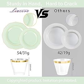 Liacere 350PCS Light Green Plates - Disposable Green and Gold Plastic Plates 50guest Baroque Dinnerware include 100Plates,50Pack Pre Rolled Napkins with Silverware 50Cups for Mother\'s Day