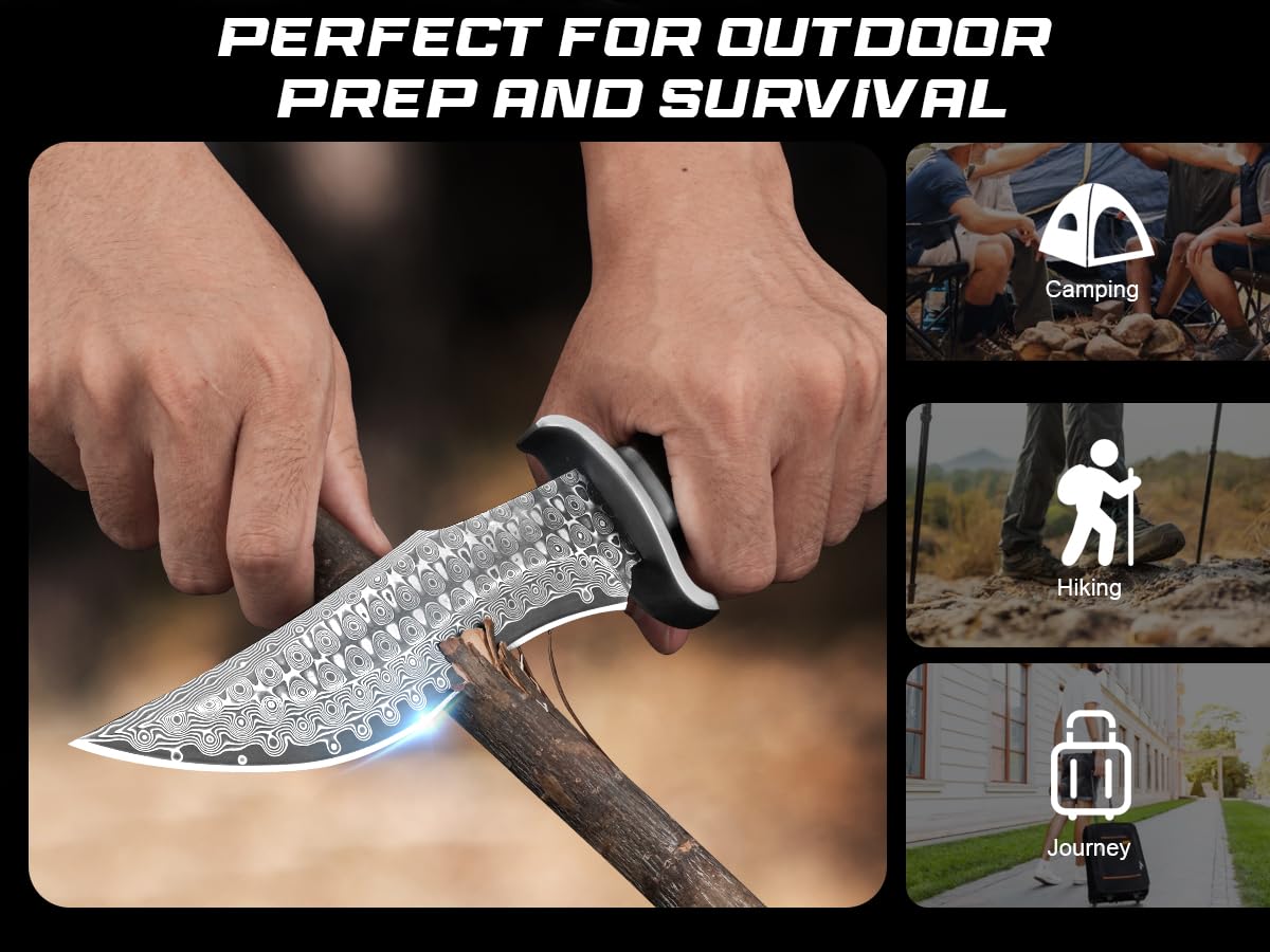 di caccia Lama fissa P-S-DMSG, lunghezza lama 16,3 cm Acciaio damassato Coltello cintura con custodia in pelle, manica in legno, coltello esterno per campeggio