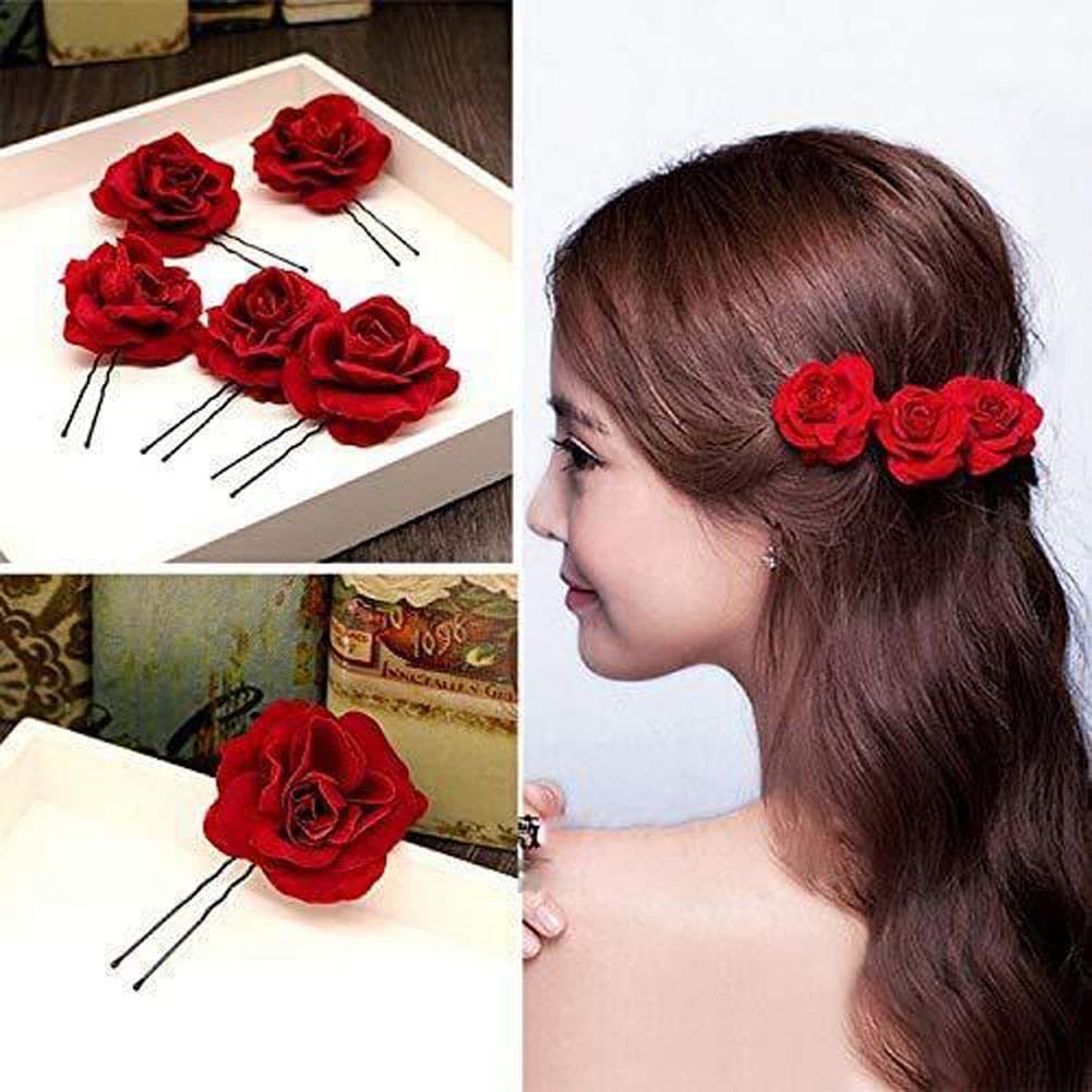 6-Pack Red Rose Hair Clips, U-Shaped Rose Hairpins, Bridal Hair Accessories - Image 2