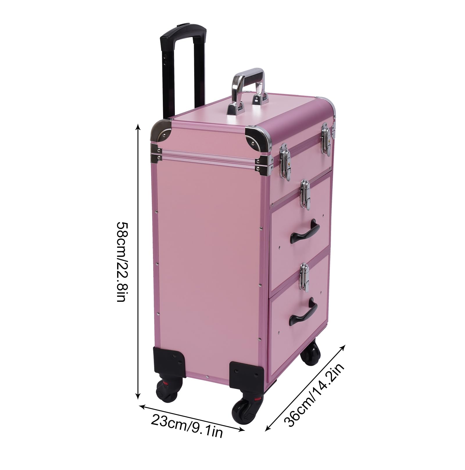 DUTTIETY Rolling Makeup Case Large Cosmetic Trolley with Locks Professional Makeup Train Case organizers for Salon Barber (Pink)