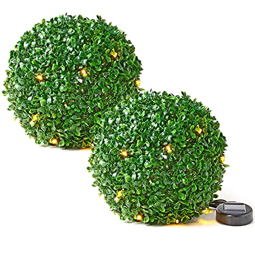 Solalite 2 x 28cm Green Topiary Balls with 20 Solar LED Lights, Hanging Topiary Ball Lights Sphere Decorative for Wedding Artificial Plant, Backyard Balcony Garden Décor