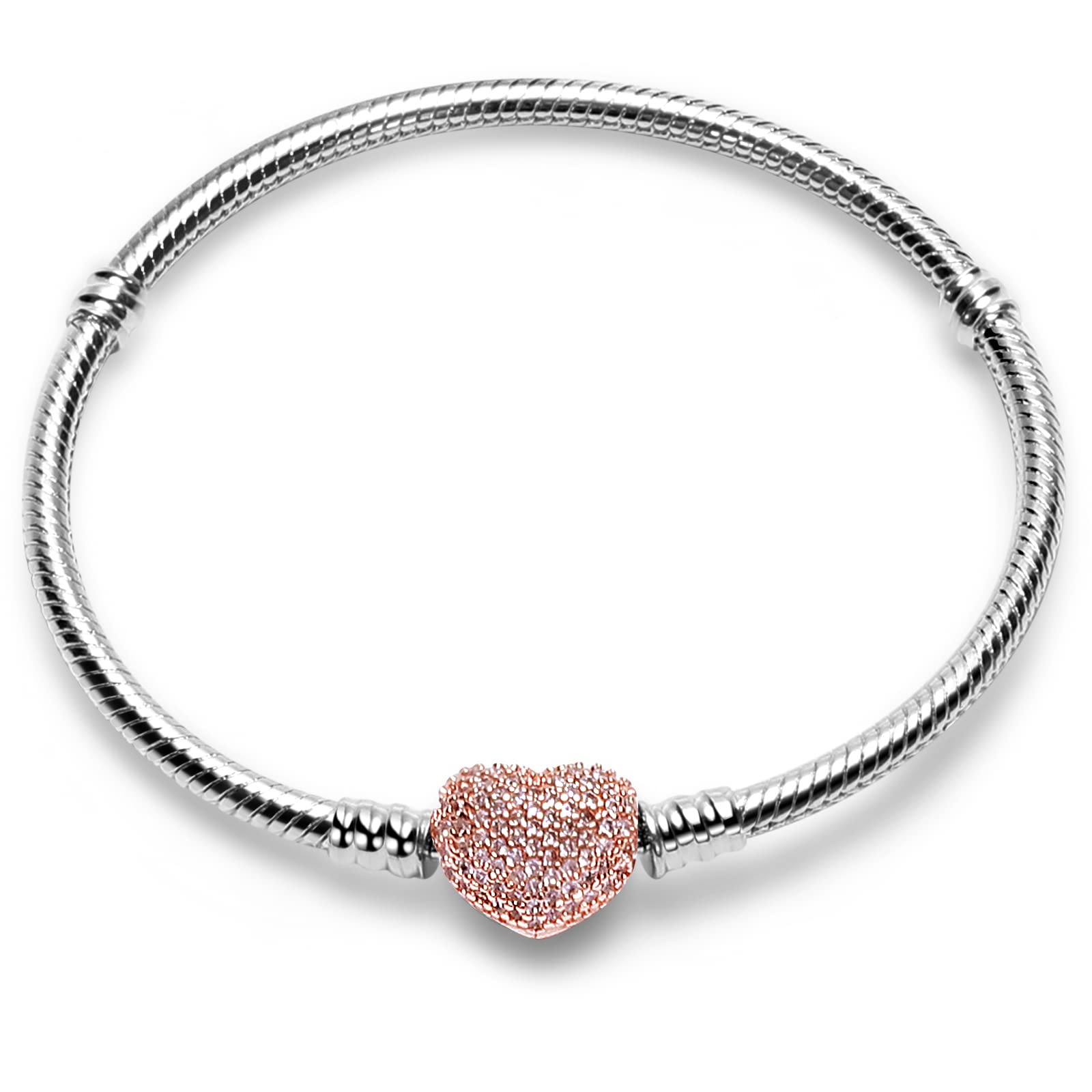 WAKCTFERG Charm Bracelet Fit For Charm Beads, 925 Sterling Silver Cubic Zirconia Heart Clasp Snake Chain Bracelet Fit Any Charm Gift for Women Girl