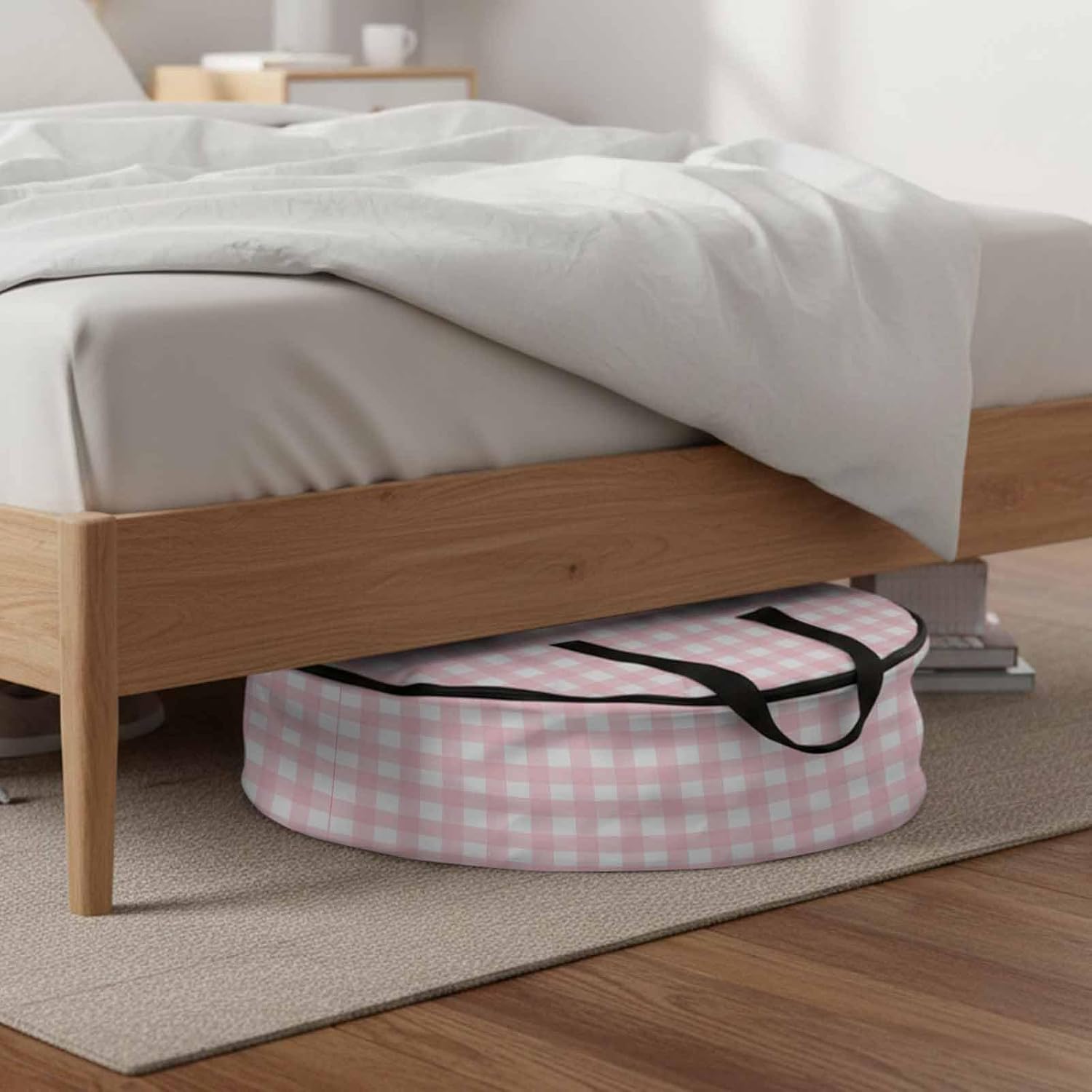 Pink Buffalo Round Storage Bag 24 Inch, Plaid Clothes Storage Container with Handles Heavy Duty Organizer for Comforter, Bedding & Holiday Wreaths
