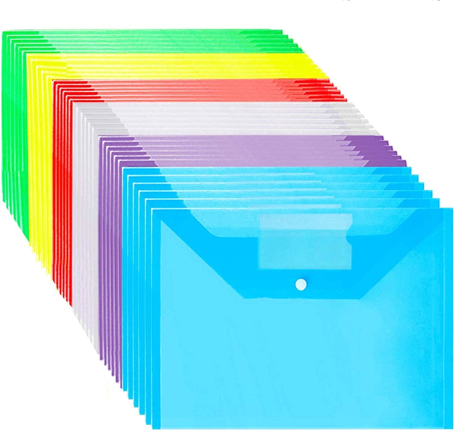 Esyauto Plastic Document Folder Set,36 pcs A4 Transparent Envelope Folders with Snap Button Closure,Waterproof,6 Assorted Colours