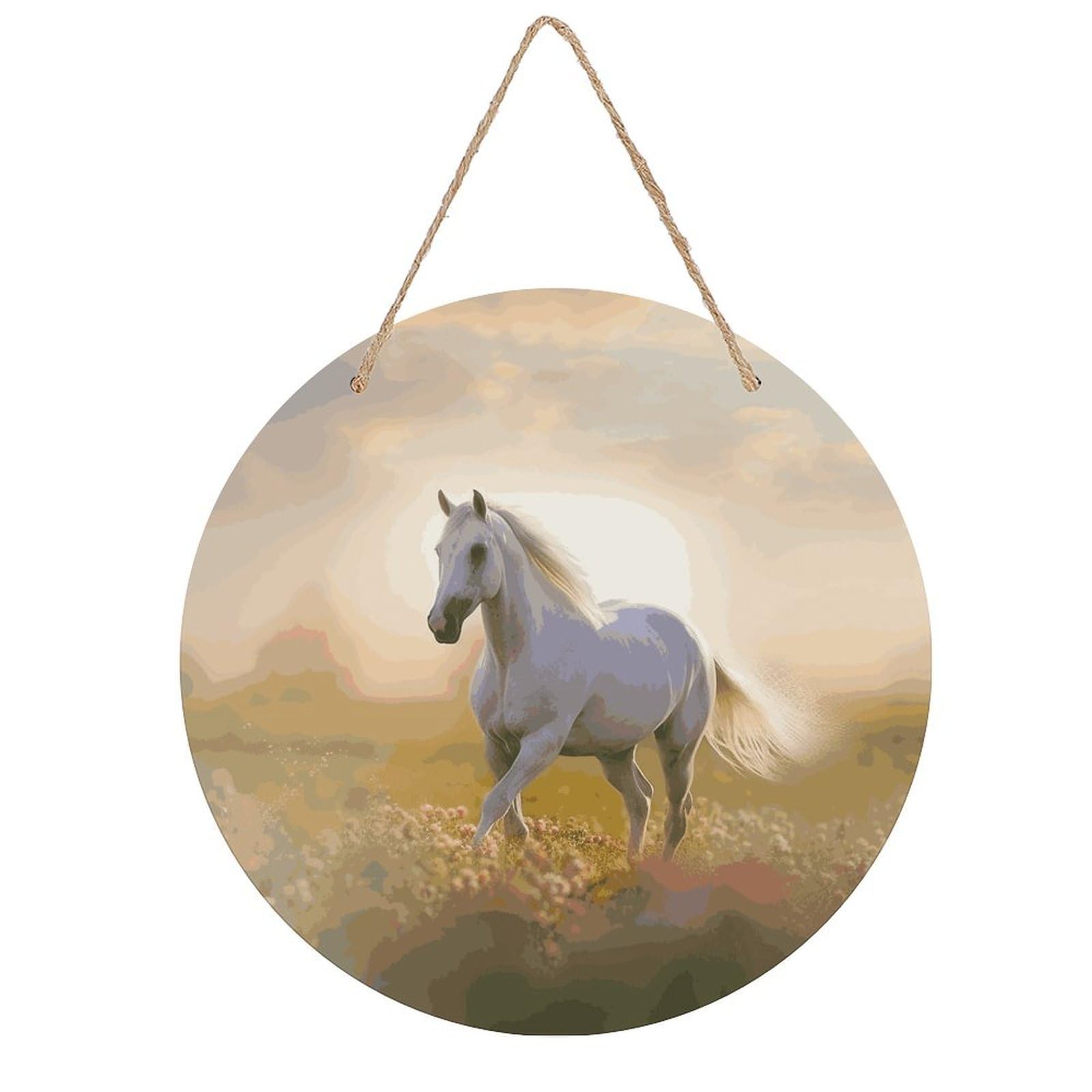 FekiLoot Round White Horse Running in The Field Wall Art Decor Painting Wooden Hanging Sign with Ropes Bohemian Wall Hanging Retro Mid Century Modern Wall Art for Home Bedroom Living Room 7.9x7.9 in