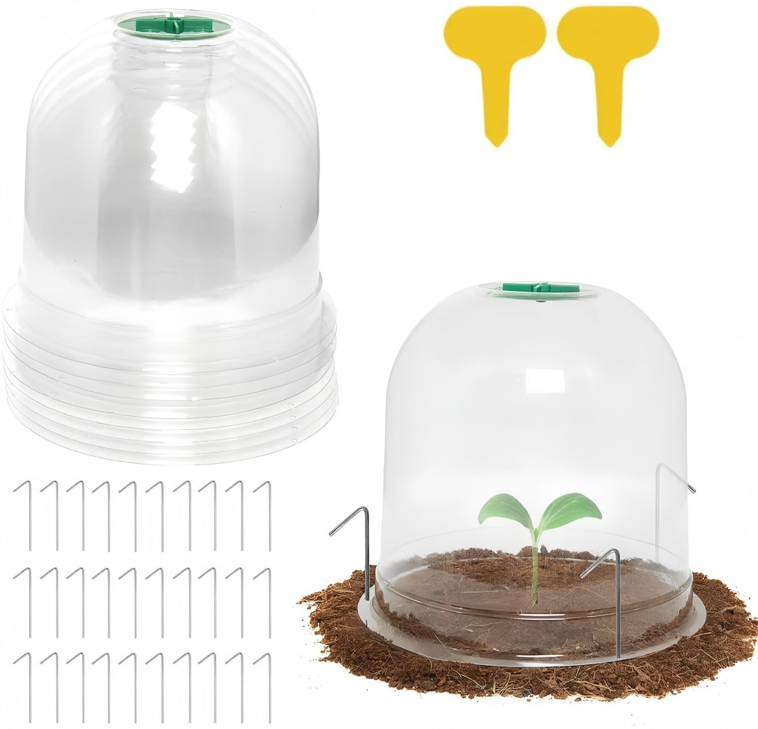 LATERN 10Pcs Garden Plant Cloches, 26CM x 20CM Plant Dome Bell Cover Reusable Plastic Mini Greenhouse for Warming Garden Soil Plants Frost Protect - with 16Pcs Plant Labels, 30Pcs Securing Pegs