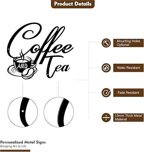 Miniatura 2 de Letrero de metal de café y té, letreros colgantes de barra de café para decoración de pared, letreros de metal negro para decoración de pared para