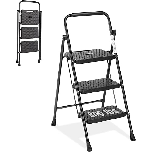 Simple Deluxe 3 Step Ladder, Step Stool Foldable, 800lbs Portable Ladder with Wide Anti-Slip Pedal, Step Stool for Adults, Lightweight Step Ladder for Home Kitchen and Outdoor