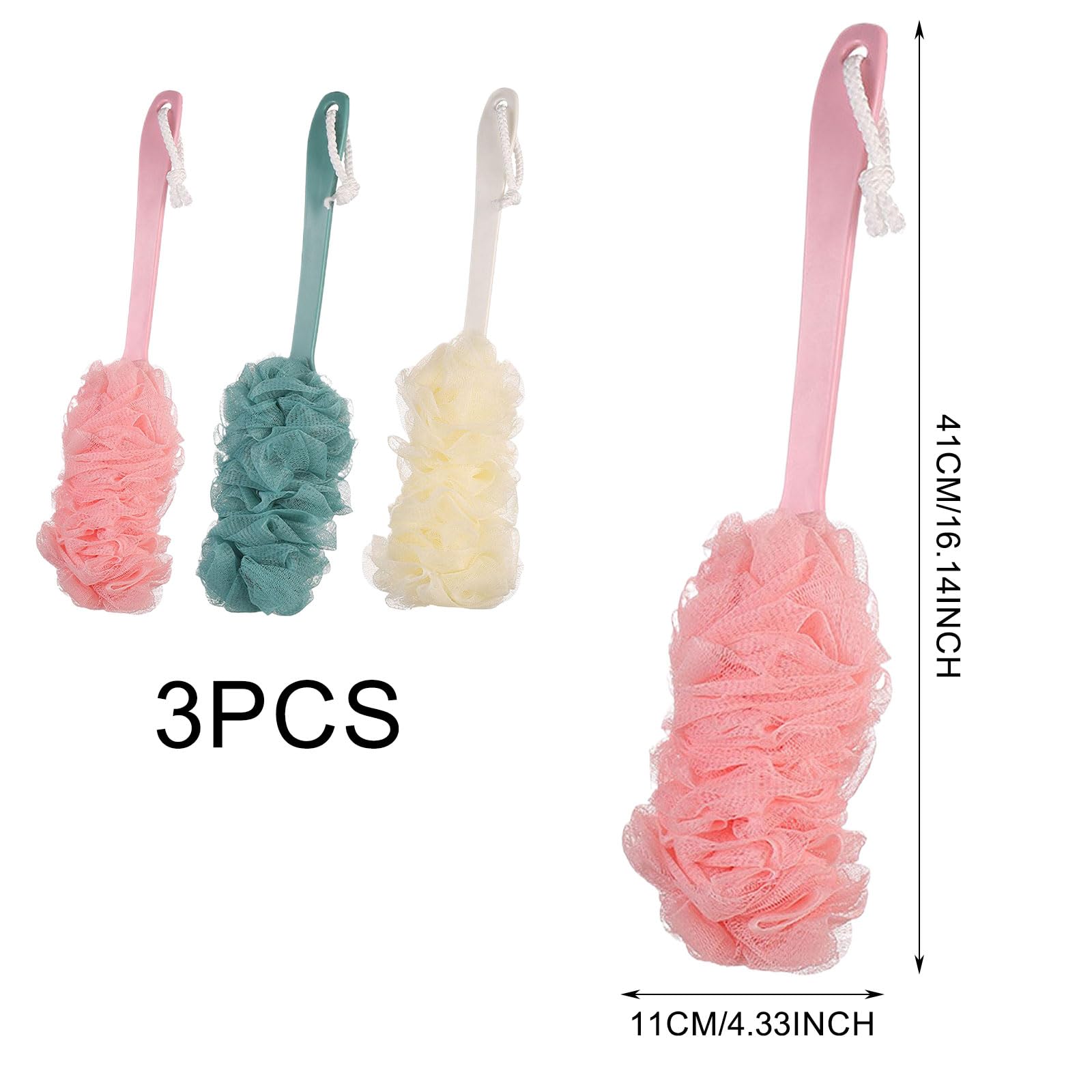 SSKHE 3PCCS Back Brush Scrubber Shower Loofah, Brosse de bain à poignée longue, Brosses de corps de douche, Sponge de douche à brosse arrière, Back Scrubber Long Handle Loofah pour exfolier et enlever