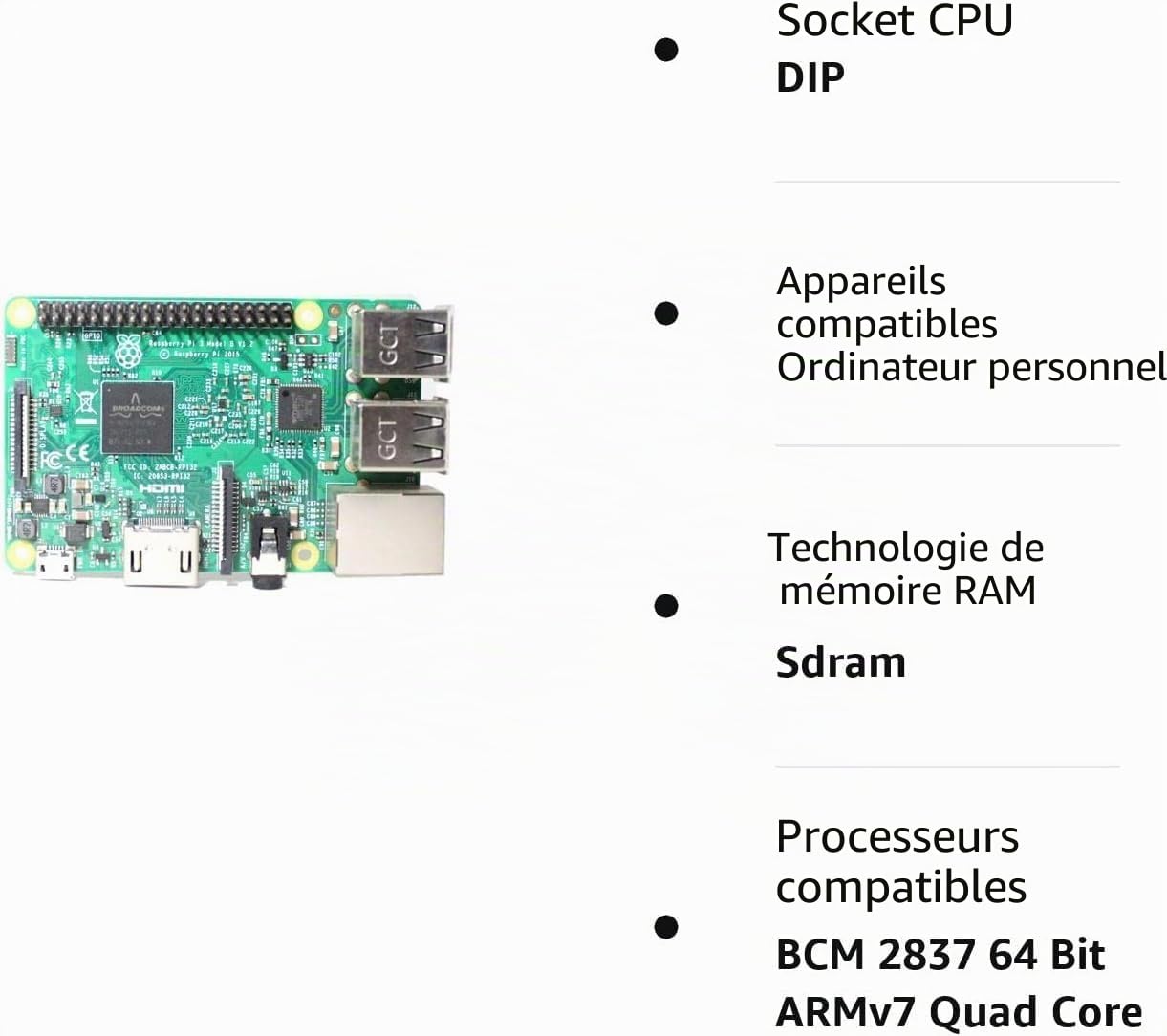 Raspberry Pi 3 processeurs modèle B 1,2 GHz/1 Go/USB2.0/HDMI/Bluetooth/WiFi RASPBERRYPI3-MODB-1G