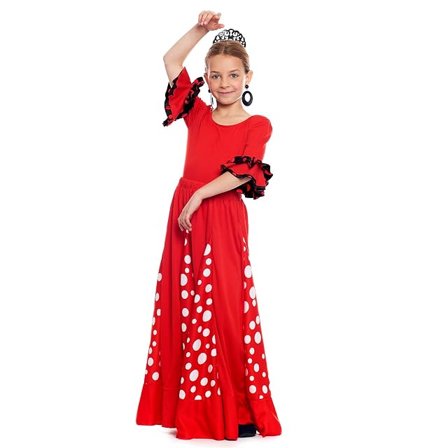 Foto 2 de 3 de Falda Flamenca Niña Roja con Quillas Lunares Blancos [Tallas Infantiles 2 a 12 años]【Talla 6 años】 Ensayo…