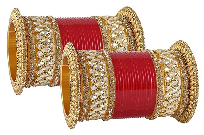 Image of NMII Traditional Gold Plated Acrylic Bangles Bridal Chuda Set For Women & Girls with Zircon Diamond & Pearls Beads Work | Royal Wedding Chudas | Premium Look | Bangles For Wedding, Festive, Function