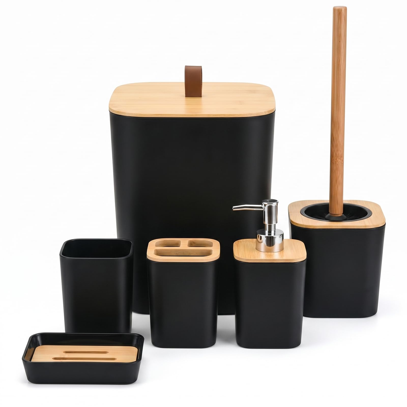 6 teilig Badezimmer Zubehör Set Modern - Badezimmerset Bambus Luxuriösem Kunststoff - Badezimmer Set mit Seifenspender Zahnputzbecher Becher WC Bürste Seifenschale Mülleimer (Schwarz)