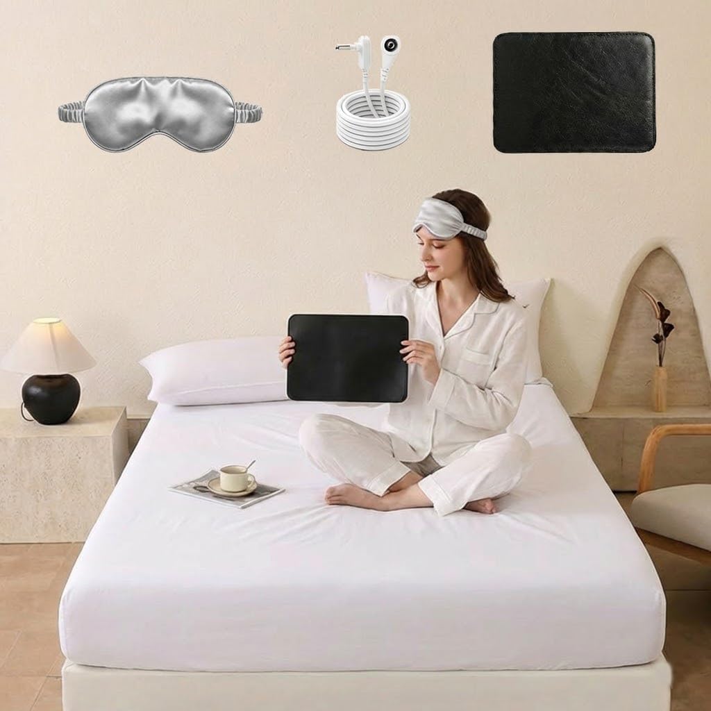 Premium Grounding Fitted Sheets - 25% Silver Infuse Fiber + Cotton - Ultra Conductive Bed Sheets with Grounding Cord - Includes Silver Eye Mask & Grounding Mouse Pad - Day & Night Wellness Kit