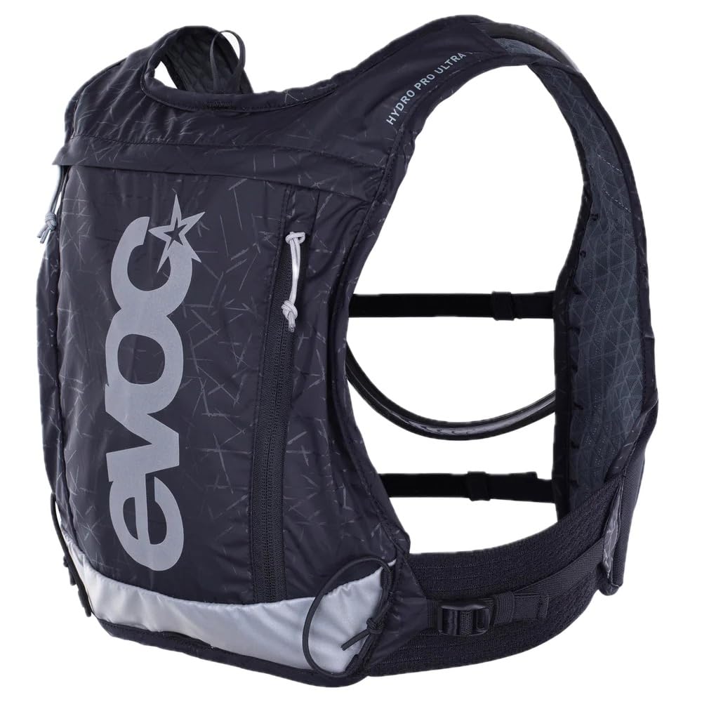 Zaino idratante EVOC HYDRO PRO ULTRA 1,5, zaino con sacca idrica da 1,5 l per l'uso in gara (vestibilità aderente al corpo, tasche facilmente accessibili, zaino riflettente), nero