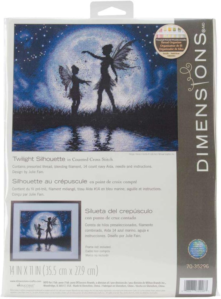 Dimensions Twilight Silhouette Fairy Counted Cross Stitch Kit, 14 Count Navy Aida, 14'' x 11'',Black, Blue, White