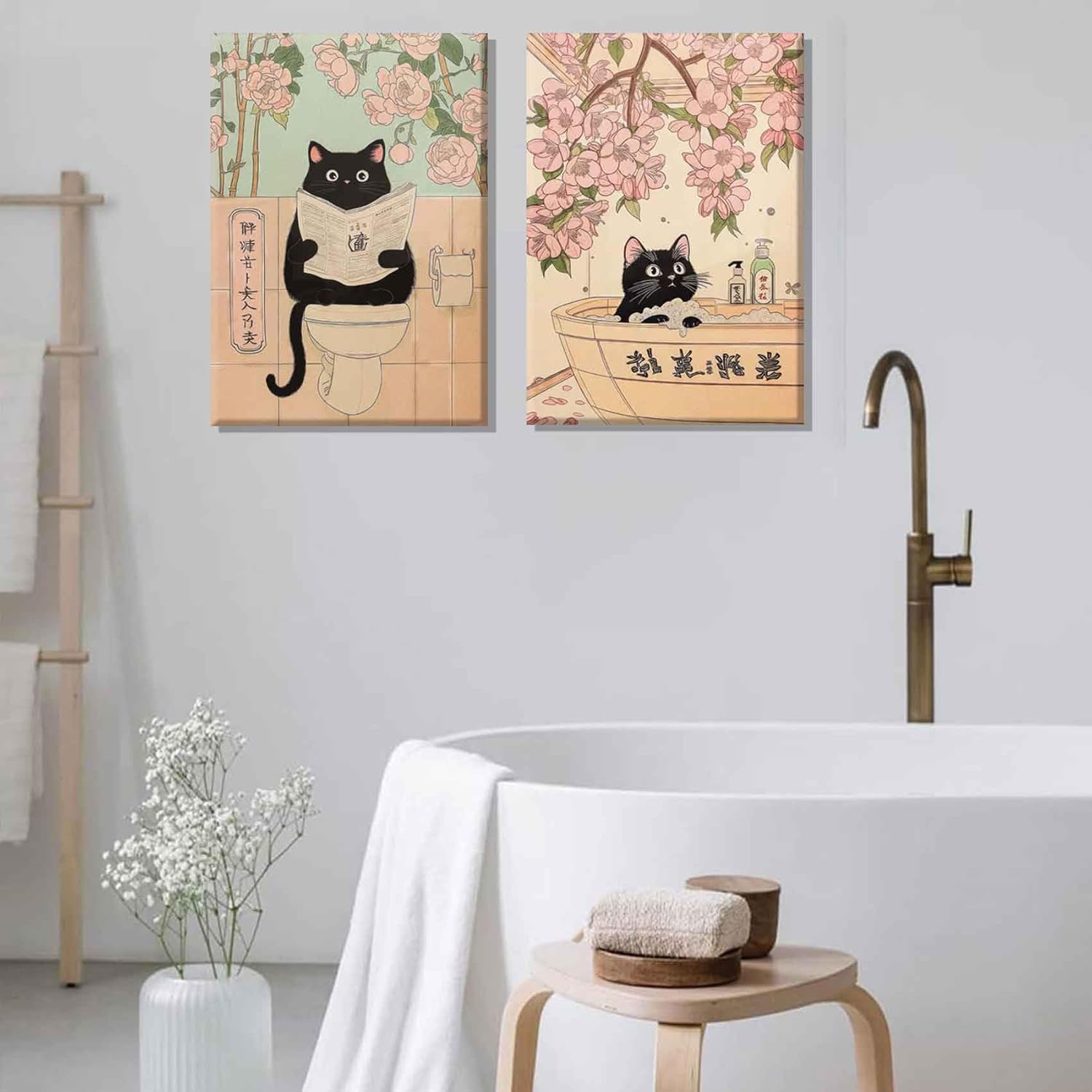 2Pcs Japanese Bathroom Canvas Wall Art Funny Black Cat Painting Pictures Wall Decor Animal Bathtub Poster Prints for Bathroom Toilet Home Decoration 12x16in