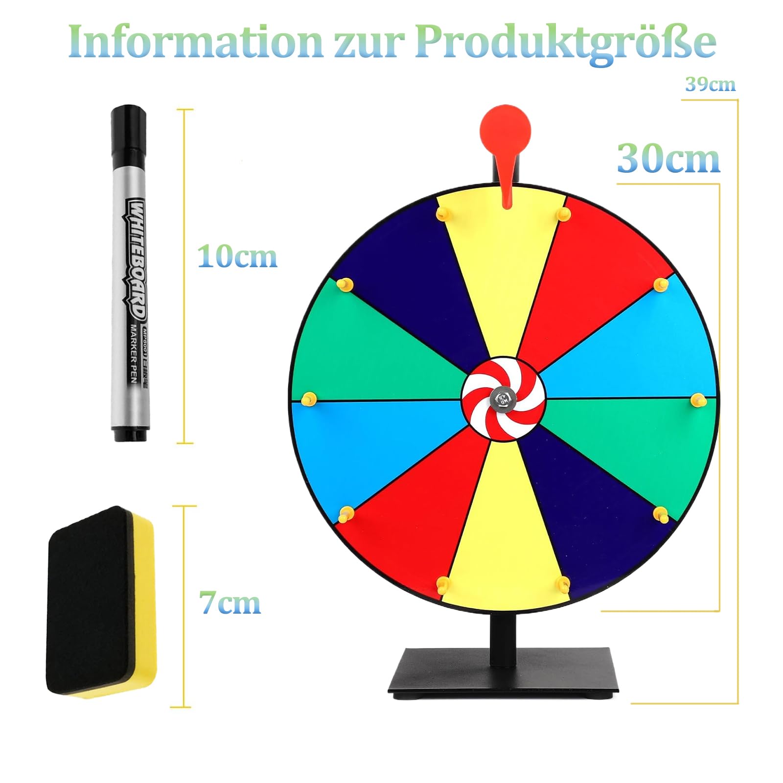 Roue de la fortune à tourner - 10 emplacements - Avec marqueur effaçable à sec et gomme - Roulette de bonheur - Avec support - Pour carnaval, foires