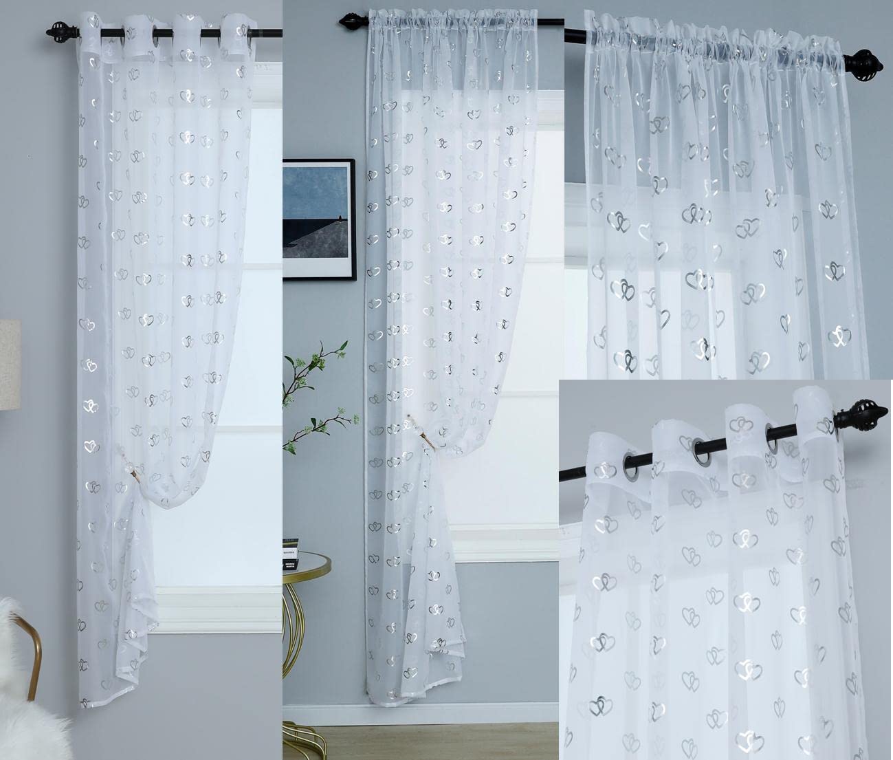 Amania Trading Ltd White / Silver 1 X Entwined Heart Eyelet Ringtop Pure Sheer Kids Voile Panel Curtain 81" (206Cm) Drop - White/Silver