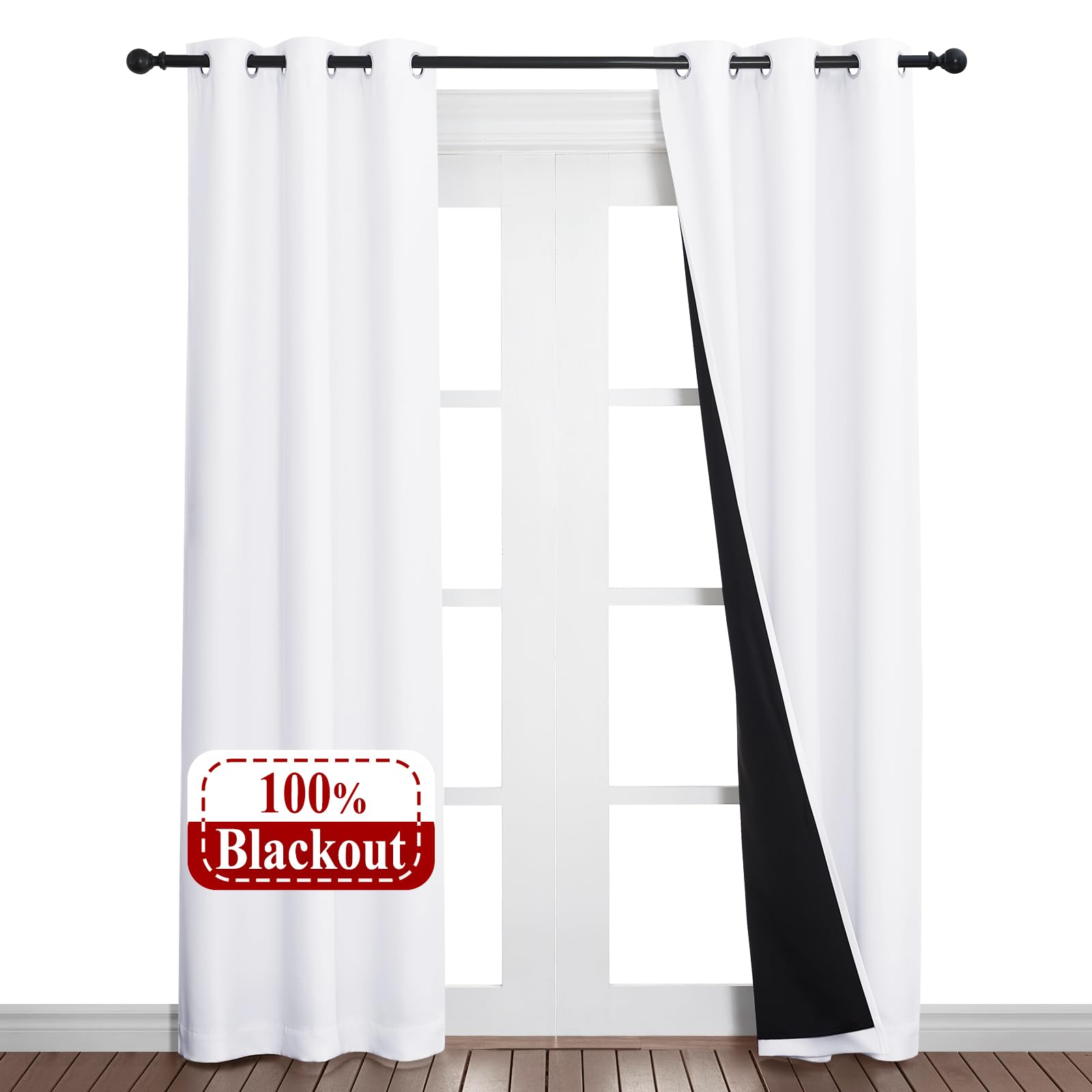 NICETOWN White Blackout Curtains 80 inches Long, 2 Pieces, 37" Wide Each Panel, Full Light Blocking Drapes with Black Liner for Nursery, Noise Reducing Thermal Insulated Draperies for Doorway
