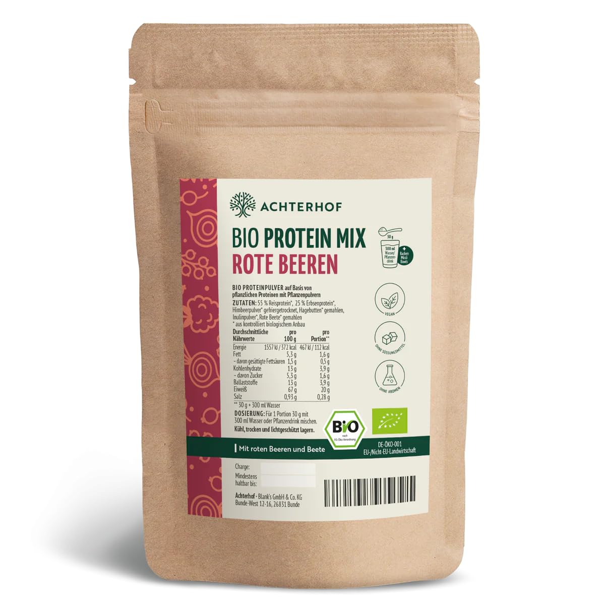 Bio Protein Mix rote Beeren 500g | Erbsen- und Reisprotein mit Beeren, Beete und Ballaststoffen | nur natürliche Zutaten in Bio-Qualität | Achterhof