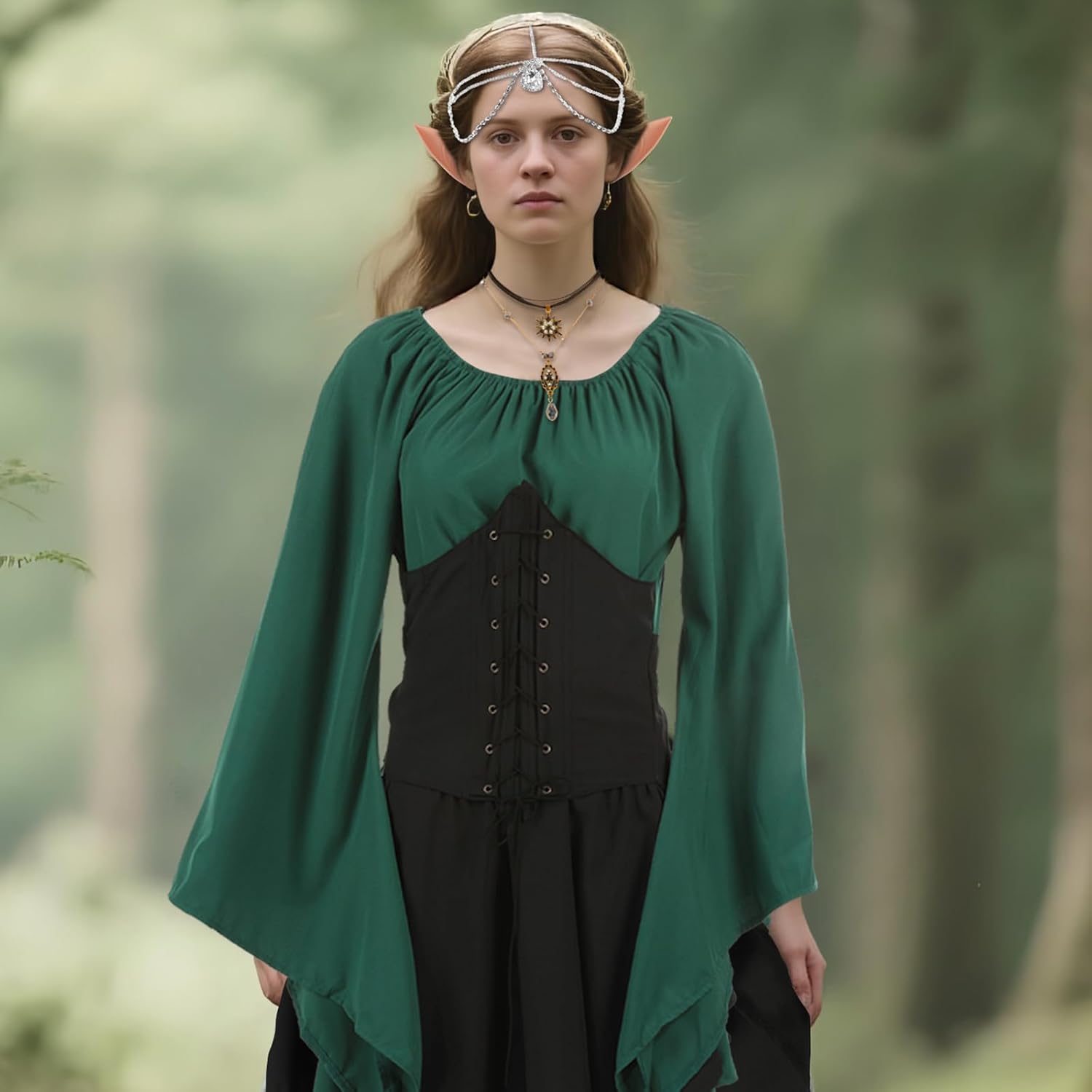 Kuberas 6Pcs Elf Costume Women Renaissance Medieval Forest Fairy Elf Dress Accessories Halloween Cosplay Outfit for Adults