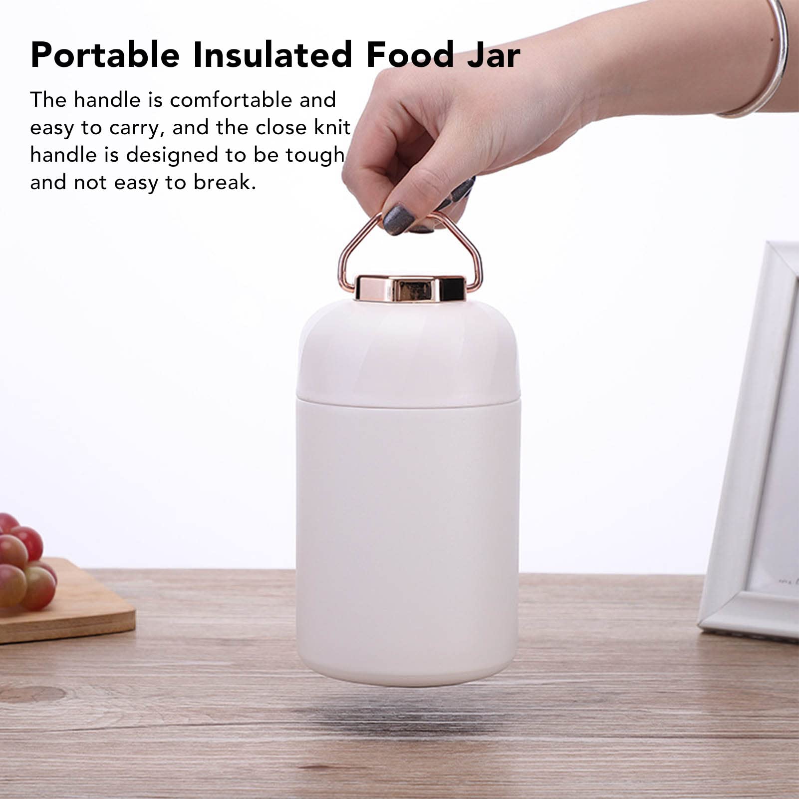 Ejoyous Barattolo per Alimenti Portatile Isolato Scatola per il Pranzo con Isolamento Termico in Acciaio Inossidabile 304 Contenitore per Alimenti Sottovuoto da 600 Ml con Manico Sul Coperchio (WHITE)