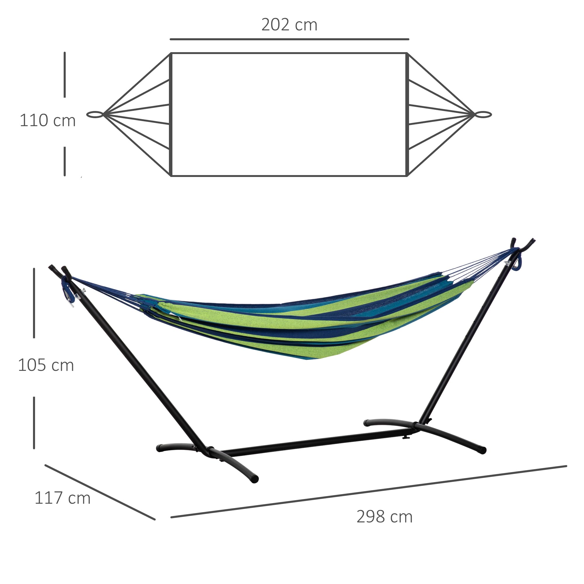 Outsunny Amaca da Giardino Sospesa 310x117 cm con Altezza Regolabile e Supporto, Capacità 120 kg, Amaca Autoportante con Borsa di Trasporto, per Campeggio, Giardino, Balcone, Patio, Verde e Azzurro