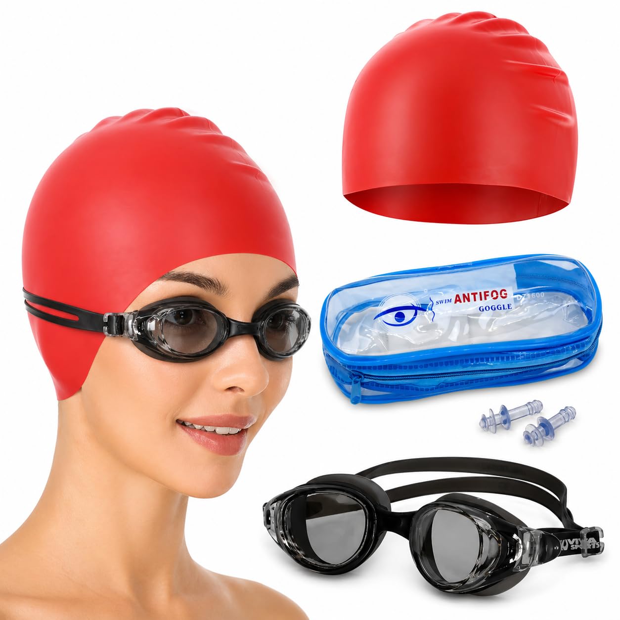 GLAN Swimming Kit with UV Protection and Anti Fog Swimming Goggles and Cap Set Ideal for All Age Group Pack of 1 (Red Black)-picture-22