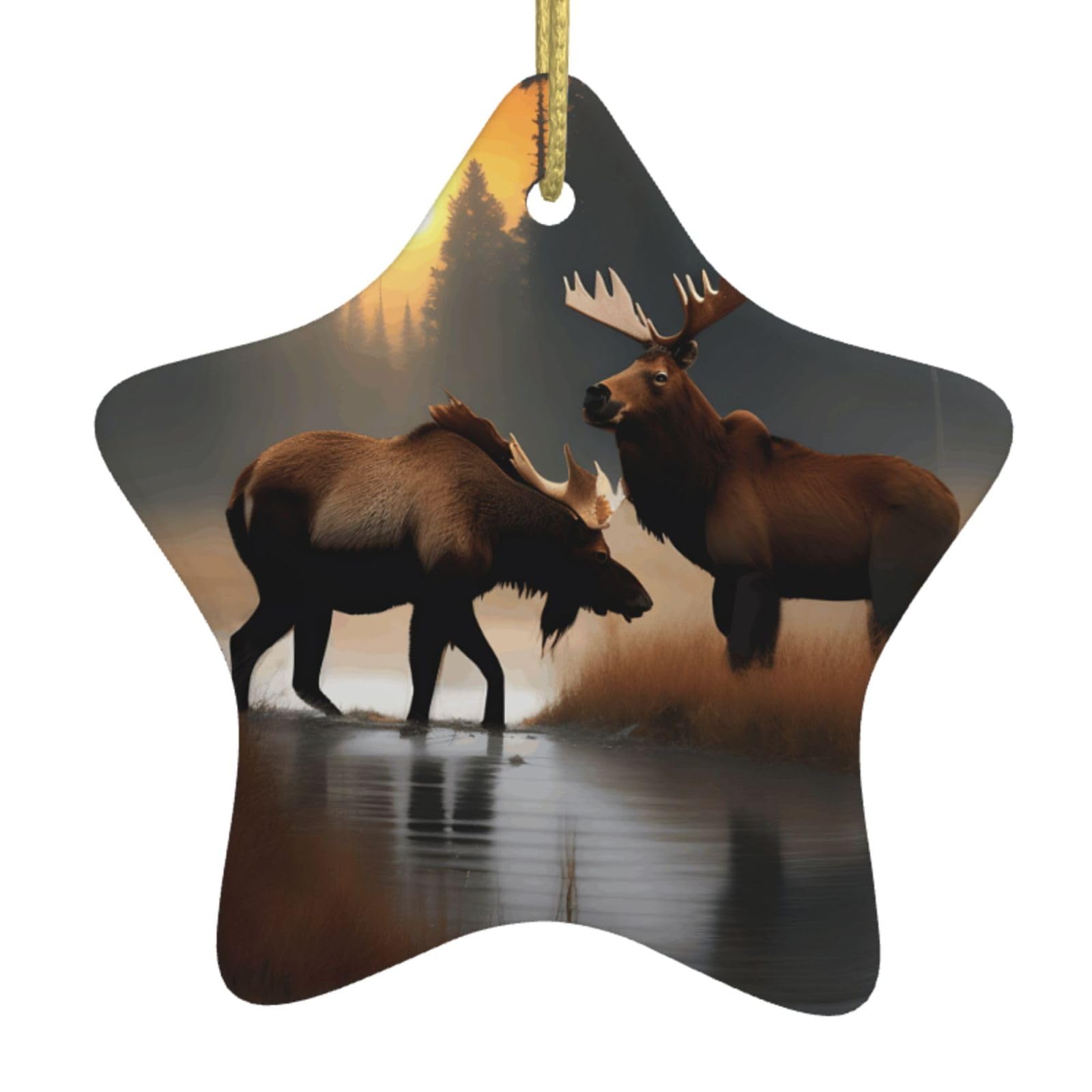 Nbtghga White Deer Bear Moose Print Christmas Ornaments, Ceramic Hanging Ornament, Round Shape Decorations
