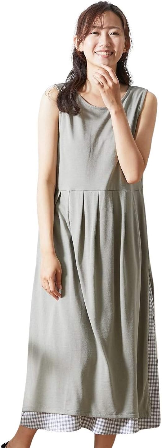 Amazon Co Jp Nissen ニッセン ナチュラルカジュアル ノースリーブ ワンピース 春夏 チェック重ね着風 ノースリーブワンピース グレージュ L 服 ファッション小物