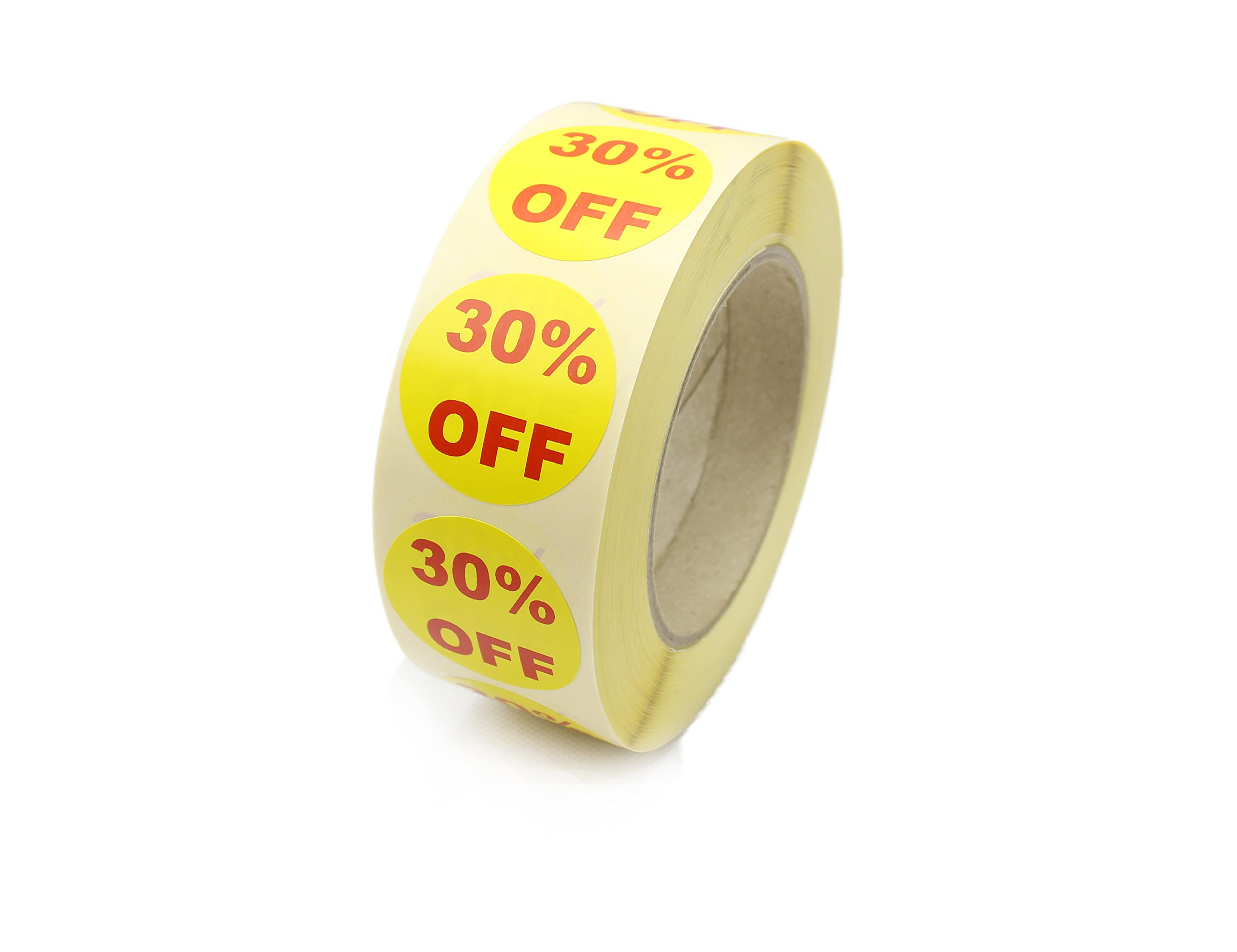 Yellow & Red Printed Retail Labels. 40mm Diameter, Strong Permanent Adhesive. 500 Per Roll. (30 Percent)