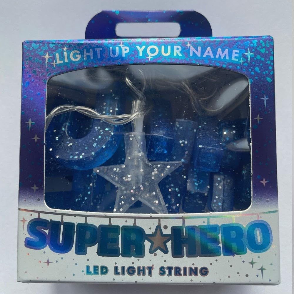 Mulberry Studios SUPER HERO - Indoor Decorative LED String Lights Hanging Decorations Light Up Your Name in LED Blue Lights
