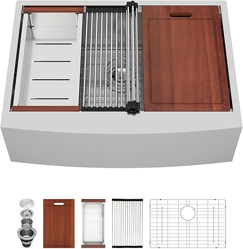 Vista 16 de Sarlai Fregadero de Cocina de Granja de Doble Tazón de Acero Inoxidable de 30 - Fregadero de Cocina de 30 x 22 pulgadas con Frente de Delantal