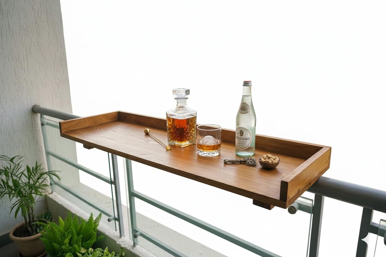 Grainory's Furniture Bar Counter Stand for Balcony Railing, Balcony Railing Hanging Table Folding Balcony Hanging Adjustable Deck Table for Patio (Teak), 114 cm, 30 cm, 8 cm-image-36