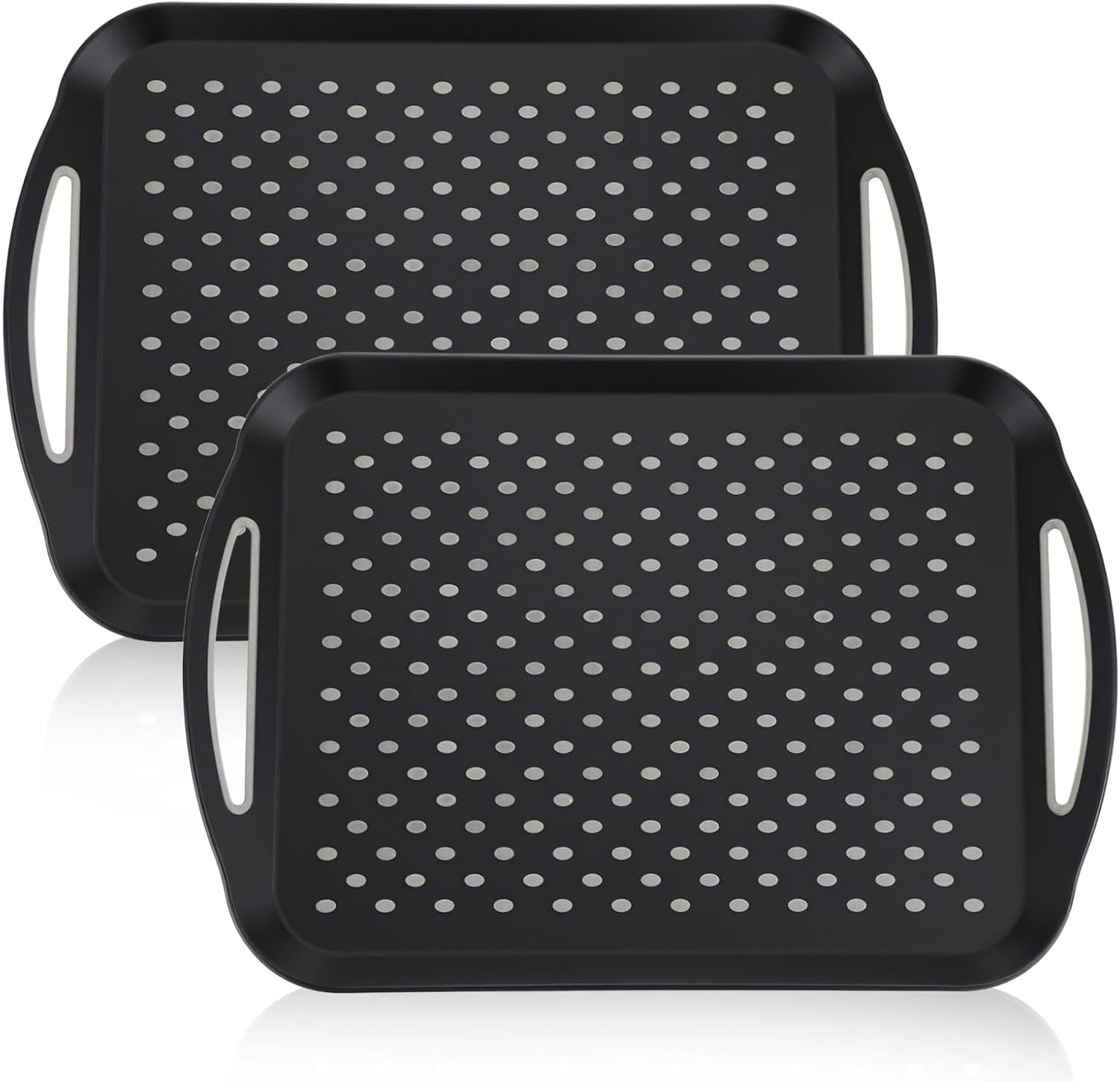 Large Nonslip Serving Tray with Handles, Silicone Grippy Dots Lap Food Trays for Eating, Dishwasher Safe Serve for Breakfast Dinner Snack Fruit Appetizers Beverage, Rectangular, Set of 2, Black