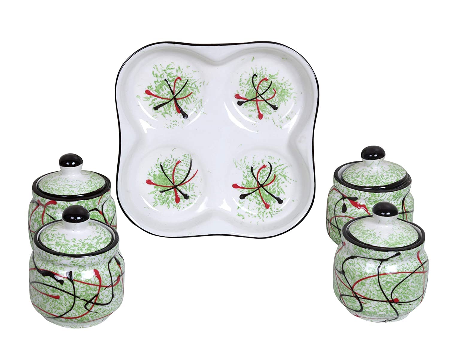 RAJ@ROYAL® Ceramic Storage Container Cainster Barni Jar with Lid & Tray for pickle Chutney Tea Sugar Salt Spices - 200 Grams storage each Set of 4, Green - Image 3 thumbnail