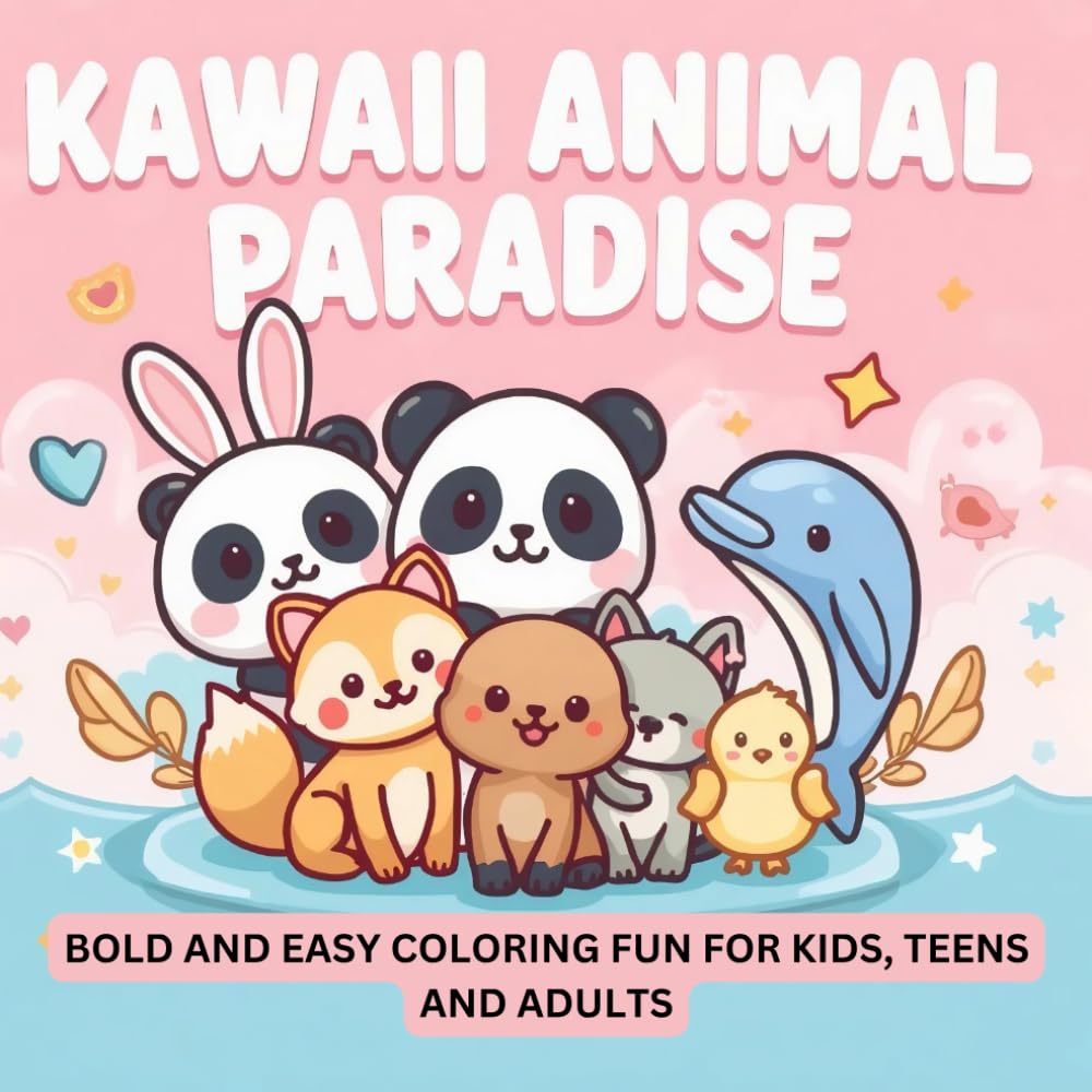 KAWAII ANIMAL PARADISE: BOLD & EASY COLORING WITH CHIBI PROPORTIONS FOR KIDS, TEENS AND ADULTS: 45 Adorable Kawaii Chibi Animals with Thick Outlines ... land and flying animals For you to color.