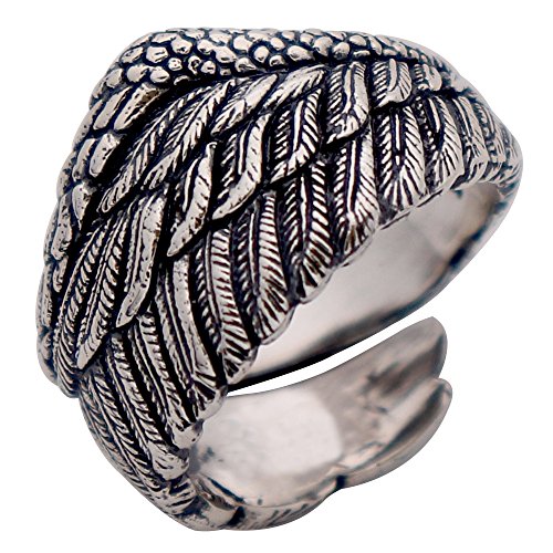 Vintage Schwarz 925 Sterling Silber Flügel Feder Ring Engelsflügel Schmuck für Herren Damen Offen und Verstellbar Cover
